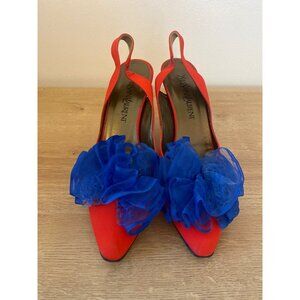 Yves Saint Laurent Red Satin Slingback Heels with Blue Rosette